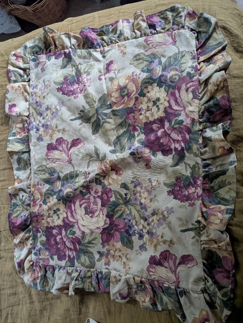 Vintage Floral Ruffled Pillow Sham in Purple and Cream set